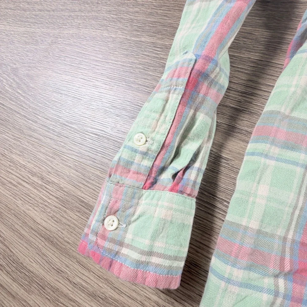 Ralph Lauren Boys Flannel Plaid Button Down Shirt Green Pink Size 7 Fall Preppy